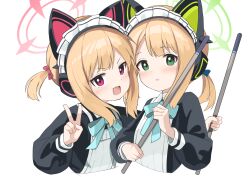 Rule 34 | 2girls, alternate costume, animal ear headphones, animal ears, apron, aqua ribbon, black shirt, blonde hair, blue archive, blush, broom, cat ear headphones, commentary, cropped torso, enmaided, fake animal ears, green eyes, green halo, halo, headphones, holding, holding broom, long sleeves, looking at viewer, low ponytail, maid, maid apron, maid headdress, midori (blue archive), momoi (blue archive), multiple girls, one side up, open mouth, red eyes, red halo, ribbon, shirt, short hair, short ponytail, siblings, sidelocks, simple background, sisters, smile, upper body, v, white apron, white background, yoimura