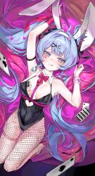 Rule 34 | :q, absurdres, ace (playing card), ace of hearts, ace of spades, ahoge, animal ears, arm up, bare arms, bare shoulders, black leotard, blue eyes, blue hair, blunt bangs, bow, bowtie, breasts, card, chest harness, cleavage, clothing cutout, club (shape), commentary request, cutout above navel, detached collar, eyelashes, fake animal ears, fishnet pantyhose, fishnets, hair ornament, hairband, harness, hatsune miku, heart, heart ahoge, heart cutout, heart hair ornament, highleg, highleg leotard, highres, large breasts, leotard, long hair, looking at viewer, lying, necktie, on back, pantyhose, pink bow, pink bowtie, pink hair, pink necktie, pink pupils, pink theme, playboy bunny, playing card, rabbit ears, rabbit hair ornament, rabbit hole (vocaloid), someang, spade (shape), spaghetti strap, teardrop, tongue, tongue out, twintails, very long hair, vocaloid, white hairband, x hair ornament