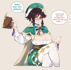 Rule 34 | 1girl, beer mug, black hair, blue hair, blush, braid, breasts, cape, cleavage, covered erect nipples, cropped legs, crossed legs, cup, drunk, english text, genderswap, genderswap (mtf), genshin impact, green eyes, hat, hiccup, highres, holding, holding cup, large breasts, long sleeves, mug, nose blush, nyantcha, pantyhose, simple background, solo, speech bubble, twin braids, venti (genshin impact), white pantyhose