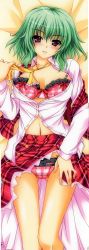 Rule 34 | 1girl, absurdres, aoi hiro, blush, bra, breasts, checkered bra, checkered clothes, checkered panties, cleavage, clothes lift, cropped, dakimakura (medium), female focus, frilled bra, frilled panties, frills, green hair, highres, kazami yuuka, long image, lying, open clothes, open shirt, panties, plaid, plaid bra, plaid panties, red eyes, shirt, skirt, skirt lift, solo, tall image, touhou, underwear, undressing