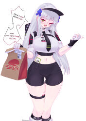 Rule 34 | 1girl, absurdres, alternate costume, bag, bike shorts, black choker, black gloves, black necktie, blush, cellphone, choker, cowboy shot, cross hair ornament, english text, eyebrows hidden by hair, food delivery box, girls&#039; frontline, gloves, green eyes, hair ornament, highres, hk416 (girls&#039; frontline), holding, holding bag, id card, long hair, looking at viewer, midriff, navel, necktie, one eye closed, open mouth, paper bag, partially fingerless gloves, phone, pussy juice, sex toy, shinyozura, simple background, smartphone, solo, speech bubble, teardrop facial mark, teardrop tattoo, teeth, thigh strap, twitter username, two-tone gloves, vibrator, visor cap, white background, white gloves, white hair
