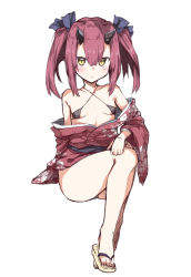 Rule 34 | 1girl, absurdres, bare shoulders, bikini, bikini top only, black bikini, breasts, floral print, full body, halterneck, halterneck, highres, horns, japanese clothes, kimono, kz oji, looking at viewer, micro bikini, micro bikini top, original, red hair, simple background, sitting, small breasts, solo, swimsuit, white background, yellow eyes