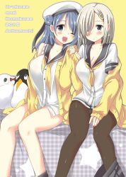 Rule 34 | 10s, 2girls, ;d, black legwear, blue eyes, blue hair, blush, breasts, cardigan, character name, failure penguin, hair ornament, hair over one eye, hairclip, hamakaze (kancolle), hat, inui achu, kantai collection, large breasts, looking at viewer, miss cloud, multiple girls, one eye closed, open cardigan, open clothes, open mouth, pantyhose, sailor hat, school uniform, serafuku, short hair, silver hair, simple background, smile, urakaze (kancolle), white hat