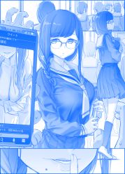 Rule 34 | 1girl, blue theme, book, braid, breasts, cellphone, cleavage, comic, commentary, commentary request, cowboy shot, finger to mouth, full body, getsuyoubi no tawawa, glasses, hallway, head out of frame, himura kiseki, holding, holding book, index finger raised, kneehighs, large breasts, long hair, mole, mole on breast, mole under mouth, monochrome, multiple girls, off shoulder, open clothes, open shirt, phone, pleated skirt, pov, school uniform, serafuku, shoes, shushing, silent comic, skirt, smartphone, socks, solo focus, sweat, undressing, uwabaki