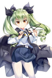 Rule 34 | 10s, 1girl, anchovy (girls und panzer), belt, blush, breasts, cape, cowboy shot, dress shirt, drill hair, girls und panzer, green hair, long hair, long sleeves, looking at viewer, necktie, orange eyes, pantyhose, rei (rei&#039;s room), riding crop, school uniform, shiny clothes, shirt, simple background, skirt, smile, solo, standing, twin drills, white background, white pantyhose