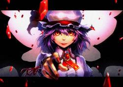 Rule 34 | 1girl, blurry, depth of field, dress, female focus, hat, holysnow, letterboxed, lips, portrait, purple hair, reaching, red eyes, remilia scarlet, slit pupils, smile, solo, touhou