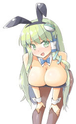 Rule 34 | 1girl, animal ears, arnest, bare shoulders, black pantyhose, blue bow, blue bowtie, blush, bow, bowtie, breasts, cleavage, commentary request, detached collar, fake animal ears, frog hair ornament, green eyes, green hair, hair ornament, hair tubes, highres, huge breasts, kochiya sanae, leaning forward, leotard, long hair, open mouth, pantyhose, playboy bunny, rabbit ears, smile, snake hair ornament, strapless, strapless leotard, touhou, wrist cuffs
