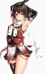 Rule 34 | 10s, 1girl, armpits, arms up, black gloves, black hair, black neckerchief, brown eyes, cowboy shot, elbow gloves, gloves, hair ornament, highres, kantai collection, keita (tundereyuina), looking at viewer, neckerchief, scarf, sendai (kancolle), sendai kai ni (kancolle), shiny clothes, simple background, single thighhigh, solo, thighhighs, white background, white scarf