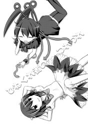 Rule 34 | 2girls, asymmetrical wings, black dress, black hair, black thighhighs, bow, comic, commentary request, cone horns, dress, frilled skirt, frills, greyscale, highres, horns, houjuu nue, kijin seija, lying, monochrome, multiple girls, on back, on stomach, pointy ears, puchimirin, puffy short sleeves, puffy sleeves, short hair, short sleeves, skirt, snake, thighhighs, touhou, translation request, wings