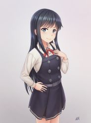 Rule 34 | 1girl, absurdres, asashio (kancolle), belt, black hair, blue eyes, breasts, collared shirt, cowboy shot, dress, durian12, gradient background, grey background, hair between eyes, hand on own chest, hand on own hip, highres, kantai collection, long hair, long sleeves, looking at viewer, neck ribbon, no legwear, pinafore dress, red ribbon, ribbon, shirt, signature, sleeveless, sleeveless dress, small breasts, smile, solo, standing, white shirt