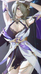 Rule 34 | 1girl, absurdres, armpits, arms up, bangs pinned back, breasts, brown hair, cleavage, collar, eleaaa, hair ornament, hair over one eye, highres, honkai (series), honkai impact 3rd, red eyes, rita rossweisse, rita rossweisse (spina astera), simple background, solo, swept bangs, thighs