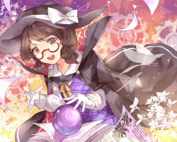 Rule 34 | 1girl, bad id, bad pixiv id, bird, brown eyes, brown hair, cape, clothes writing, gears, glasses, hat, long sleeves, low twintails, open mouth, orb, plaid, red-framed eyewear, reeh (yukuri130), short hair, solo, touhou, twintails, urban legend in limbo, usami sumireko