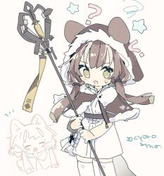 Rule 34 | ?, ^ ^, animal ears, animal hood, arknights, blush, brown capelet, brown eyes, brown hair, capelet, character request, closed eyes, commentary request, dress, fake animal ears, fur-trimmed hood, fur trim, grey background, hair over shoulder, highres, holding, holding staff, honeyberry (arknights), hood, hood up, hooded capelet, long hair, low twintails, multicolored hair, naguru (cyoroama), open mouth, simple background, staff, standing, star (symbol), streaked hair, sweat, tail, thighhighs, twintails, white dress, white hair, white thighhighs