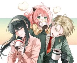 Rule 34 | 1boy, 1yeol eum, 2girls, anya (spy x family), bad id, bad twitter id, black hair, blonde hair, blush, child, coffee cup, cup, disposable cup, food, food on face, hairband, highres, holding, icing, long hair, multiple girls, open mouth, pink hair, shirt, short hair, sidelocks, smile, spy x family, twilight (spy x family), yor briar