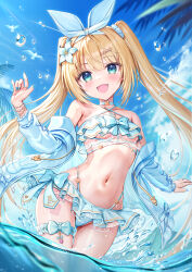 Rule 34 | 1girl, :d, akabane (zebrasmise), bikini, blonde hair, blue bikini, blue eyes, blue sky, breasts, cloud, commentary, commentary request, day, english commentary, frilled bikini, frills, hairband, highres, long hair, looking at viewer, mononobe alice, navel, nijisanji, open mouth, outdoors, partially submerged, sky, small breasts, smile, solo, stomach, swimsuit, twintails, virtual youtuber, wet, white hairband