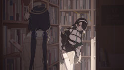 Rule 34 | 2girls, black hair, blue archive, book, breasts, brown cardigan, cardigan, commentary request, from behind, hair over one eye, halo, highres, hinata (blue archive), holding, holding book, indoors, library, long hair, long sleeves, looking at another, low twintails, medium breasts, mikan battery, multiple girls, nun, red eyes, standing, thighs, twintails, ui (blue archive), wide sleeves, yellow halo