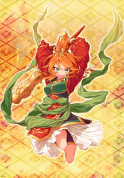 Rule 34 | 1girl, armor, blew andwhite, bracer, chinese clothes, commentary request, fang, full body, green eyes, green tunic, hair ornament, highres, holding, holding weapon, huge weapon, jumping, legs up, long sleeves, looking at viewer, open mouth, orange hair, original, overskirt, red shirt, sash, shirt, short hair, shorts, shorts under skirt, smile, solo, tunic, weapon, wide sleeves