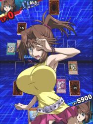 Rule 34 | alternate breast size, bouncing breasts, breasts, brown hair, game mod, huge breasts, impossible clothes, impossible shirt, looking at viewer, mazaki anzu, mod, ponytail, shirt, sleeveless, sleeveless shirt, tagme, thesanstorm, tight clothes, tight shirt, yu-gi-oh!, yu-gi-oh! duel links, yu-gi-oh! duel monsters