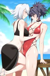 Rule 34 | 2girls, bare shoulders, bikini, black bikini, black hair, blue sky, blurry, blurry background, grabbing another&#039;s breast, choker, collarbone, commentary, covered navel, day, english commentary, eye contact, eyewear on head, from side, fujibayashi sheena, grabbing, grey hair, groin, hair between eyes, hand on another&#039;s shoulder, highres, hip bones, horizon, index finger raised, leg between thighs, lindaroze, looking at another, multiple girls, ocean, official alternate costume, one-piece swimsuit, outdoors, palm leaf, parted lips, patreon username, profile, raine sage, red one-piece swimsuit, sandals, shiny skin, short hair, shoulder blades, sky, smile, standing, standing on one leg, stool, sunglasses, swimsuit, tales of (series), tales of symphonia, tree, twisted torso, twitter username, water, watermark, web address, white-framed eyewear, white footwear, yuri