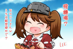 Rule 34 | 1girl, :d, ^ ^, artist name, brown hair, chibi, closed eyes, commentary, closed eyes, food, happy, heart, heart in mouth, japanese clothes, kantai collection, lee (colt), long hair, magatama, open mouth, ryuujou (kancolle), ryuujou kai ni (kancolle), smile, solo, steam, takoyaki, translated, twintails, visor cap