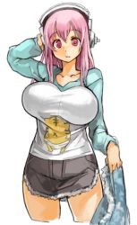 Rule 34 | 1girl, animal print, blush, breasts, collarbone, hand on own head, headphones, huge breasts, impossible clothes, large breasts, long hair, long sleeves, looking at viewer, nitroplus, pink eyes, pink hair, raglan sleeves, sachito, simple background, skirt, solo, super sonico, tiger print, white background