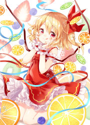 Rule 34 | 1girl, :q, bare shoulders, blue ribbon, blush, bow, closed mouth, commentary request, crystal, dress, eyelashes, flandre scarlet, food, fruit, hair ribbon, hands on own face, kneeling, lemon, lemon slice, looking at viewer, mimi (mimi puru), nail polish, no headwear, one side up, puffy short sleeves, puffy sleeves, red bow, red dress, red eyes, red nails, red ribbon, ribbon, short hair, short sleeves, sidelocks, skirt, solo, strawberry, tongue, tongue out, touhou, vest, water drop, wings, wrist cuffs