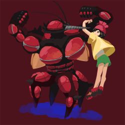 Rule 34 | 1girl, antennae, artist request, bad id, bad pixiv id, beanie, black eyes, black hair, bright pupils, bug, buzzwole, creatures (company), game freak, gen 7 pokemon, green shorts, hat, insect, insect wings, legendary pokemon, looking at another, mosquito, muscular, nintendo, pleo, pokemon, pokemon (creature), pokemon sm, red background, red hat, selene (pokemon), shirt, shoes, short hair, short sleeves, shorts, simple background, sneakers, ultra beast, wings, yellow shirt