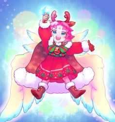 Rule 34 | 1girl, antlers, arm up, bell, boots, bow, brown gloves, cape, d0o00o0b, dress, facial mark, fae (fire emblem), fae (winter) (fire emblem), fire emblem, fire emblem: the binding blade, fire emblem heroes, forehead mark, full body, fur trim, gloves, green eyes, horns, long sleeves, nintendo, open mouth, purple hair, reindeer antlers, short hair, solo, wings