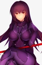 Rule 34 | 1girl, bodysuit, breasts, breasts apart, commentary request, covered collarbone, covered navel, cu chulainn (fate), fate/grand order, fate (series), gae bolg (fate), grey background, hair between eyes, hair intakes, highres, holding, holding weapon, kameponde, large breasts, leotard, long hair, looking at viewer, polearm, purple bodysuit, purple hair, purple leotard, red eyes, scathach (fate), simple background, sitting, solo, spear, thighs, very long hair, waist cape, weapon, white background
