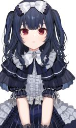 Rule 34 | 1girl, black dress, blue hair, bow, chiri (ch!), closed mouth, colored skin, curly hair, dress, expressionless, frilled dress, frilled skirt, frilled sleeves, frills, gothic lolita, hair between eyes, idolmaster, idolmaster shiny colors, lolita fashion, long hair, looking at viewer, morino rinze, red eyes, short sleeves, skirt, solo, twintails, white background, white skin