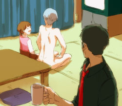 Rule 34 | 1girl, 2boys, :d, ass, atlus, ayaka0415, black hair, brown hair, child, clothed female nude male, cup, doujima nanako, doujima ryoutarou, family, from behind, grey hair, looking away, multiple boys, narukami yuu, necktie, nude, nudist, open mouth, persona, persona 4, seiza, short twintails, sitting, smile, television, too literal, twintails