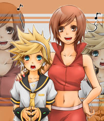 Rule 34 | 1boy, 1girl, age difference, alternate hairstyle, aqua eyes, blonde hair, blush, breasts, brown eyes, brown hair, child, couple, happy, headset, hetero, kagamine len, kurota, large breasts, meiko (vocaloid), midriff, music, nail polish, necktie, onee-shota, red nails, short hair, singing, vocaloid, zoom layer