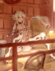 Rule 34 | 1boy, animal ears, bikini, blonde hair, collarbone, corrin (fire emblem), corrin (male) (fire emblem), corrin (male) (fire emblem), cow boy, cow ears, cow horns, cow tail, crossdressing, fire emblem, fire emblem fates, fire emblem heroes, horns, indoors, looking at viewer, male focus, navel, nintendo, nipples, open mouth, pointy ears, red eyes, samsara (shuukeura), sitting, smile, solo, spread legs, swimsuit, tail, thighhighs, trap, undressing
