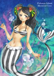 Rule 34 | 1girl, bikini, black hair, breasts, female focus, fishman island, flower, gradient background, ishilly, jewelry, kugata1, long hair, mermaid, monster girl, necklace, one piece, solo, swimsuit, twintails, underwater