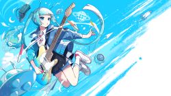 Rule 34 | 1girl, :o, antennae, beamed eighth notes, black skirt, blue eyes, blue hair, blue jacket, blue shorts, blush, collared shirt, commentary request, crescent, dress shirt, eighth note, electric guitar, flying saucer, glowstick, guitar, hatsune miku, head-mounted display, highres, holding, holding umbrella, instrument, jacket, long hair, looking away, looking to the side, musical note, nayutan sei kara no buttai, neck ribbon, nou (nounknown), open clothes, open jacket, paper airplane, parted lips, planet, pleated skirt, quarter note, red ribbon, ribbon, rocket, shirt, shoes, shorts, shorts under skirt, skirt, socks, solo, spacecraft, twintails, ufo, umbrella, very long hair, vocaloid, white footwear, white shirt, white socks