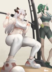 Rule 34 | 2girls, absurdres, alternate costume, alternate hairstyle, arknights, bare arms, bare shoulders, beige background, black footwear, black shorts, breasts, cleavage, commentary request, crop top, exercising, gins, gloves, green hair, hair between eyes, highres, horns, hoshiguma (arknights), large breasts, leggings, long hair, midriff, multiple girls, navel, orange eyes, pants, ponytail, saria (arknights), shoes, shorts, silver hair, single horn, sneakers, sports bra, standing, stomach, very long hair, weightlifting, white footwear, white pants, wristband, yellow background, yellow gloves
