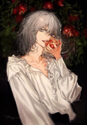 1boy absurdres arm_at_side blurry collarbone commentary depth_of_field eating fate/grand_order fate_(series) food fruit fruit_tree grey_eyes grey_hair hair_between_eyes hand_up highres holding holding_food holding_fruit leaf long_sleeves looking_at_viewer male_focus messy oberon_(fate) parted_lips pomegranate puffy_long_sleeves puffy_sleeves ribs shirt short_hair skinny solo teeth tetsujima tree upper_teeth_only white_shirt