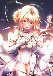 Rule 34 | 1girl, azur lane, blonde hair, blue eyes, breast curtains, breasts, gauntlets, gold trim, hand on own chest, highres, imo bouya, jeanne d&#039;arc (azur lane), long hair, looking at viewer, medium breasts, showgirl skirt, skindentation, solo, thighhighs, white thighhighs