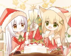 Rule 34 | 2girls, :d, animal ear fluff, animal ears, blonde hair, brown eyes, bunny girl (yuuhagi (amaretto-no-natsu)), cake, cat ears, cat girl, cat tail, champagne flute, christmas, christmas ornaments, christmas tree, commentary request, cup, detached sleeves, dress, drinking glass, ears through headwear, food, fruit, fur-trimmed dress, fur-trimmed sleeves, fur trim, green eyes, hair between eyes, hair ornament, hairclip, hat, holding, holding cup, indoors, long sleeves, multiple girls, neck ribbon, open mouth, original, parted lips, red dress, red headwear, red ribbon, red sleeves, ribbon, santa costume, santa hat, sleeveless, sleeveless dress, smile, strawberry, tail, waka (yuuhagi (amaretto-no-natsu)), white hair, yuuhagi (amaretto-no-natsu)
