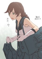 Rule 34 | 10s, 1girl, bag, bare shoulders, braid, brown hair, character name, commentary, elbow gloves, enoshito, gloves, green eyes, holding, image sample, kantai collection, long hair, noshiro (kancolle), open mouth, school uniform, serafuku, simple background, sleeveless, solo, sweatdrop, translated, twin braids, twitter username, white background, white gloves