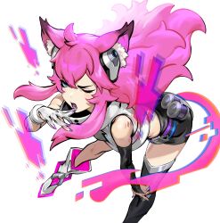Rule 34 | absurdres, ai.mi (omega strikers), animal ear fluff, animal ears, artist request, asymmetrical gloves, asymmetrical legwear, black shorts, blue eyes, boots, bridal gauntlets, cat ears, cat girl, colored tips, foreshortening, glitch, gloves, hand on own face, highres, jacket, leaning forward, long hair, multicolored hair, nail polish, official art, omega strikers, one eye closed, open mouth, pink hair, shorts, single thigh boot, tail, thigh boots, white gloves, white jacket