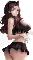 Rule 34 | 1girl, adapted costume, animal ears, animal hat, ass, black panties, black thighhighs, breasts, brown hair, cat ears, cat hat, cleavage, commentary, dorothea arnault, english commentary, fake animal ears, fire emblem, fire emblem: three houses, green eyes, hat, highres, large breasts, long hair, looking at viewer, looking back, midriff, miniskirt, nintendo, panties, paw pose, redrawn, simple background, skirt, solo, tail, thighhighs, tommy (kingdukeee), twitter username, underwear, white background, wristband