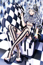 Rule 34 | 1girl, argyle, ascot, bad id, bad pixiv id, blush, breasts, checkered floor, cocktail glass, couch, cup, diamond (shape), dress, drinking glass, fishnet thighhighs, fishnets, floor, full body, green eyes, grey hair, high heels, highres, lace, lace-trimmed legwear, lace trim, large breasts, looking at viewer, lunatic (phantasy), on couch, original, parted lips, pointy ears, sitting, striped clothes, striped thighhighs, thighhighs, underboob, vertical-striped clothes, vertical-striped thighhighs
