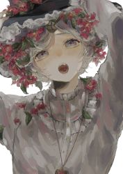 Rule 34 | absurdres, androgynous, arms up, blush, fangs, flower, frilled shirt collar, frills, gender request, grey eyes, grey hair, hair flower, hair ornament, highres, long sleeves, looking at viewer, open mouth, original, red flower, shirt, short hair, solo, swept bangs, urimoto, white hair, white shirt