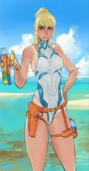 Rule 34 | 1girl, adapted costume, beach, blonde hair, blue eyes, breasts, competition swimsuit, day, highres, holster, long hair, long legs, looking at viewer, medium breasts, metroid, metroid dread, mismatched eyebrows, mole, mole under mouth, mossacannibalis, nintendo, ocean, one-piece swimsuit, one-piece tan, ponytail, samus aran, solo, summer, swimsuit, tan, tanline, thick eyebrows, thigh holster, water gun, wet, white one-piece swimsuit