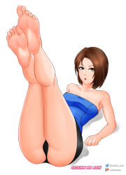 Rule 34 | 1girl, arm support, armpits, artist name, bare legs, bare shoulders, barefoot, black panties, black skirt, breasts, brown eyes, brown hair, cameltoe, collarbone, commentary, english commentary, eyelashes, feet, foot focus, forehead, full body, jill valentine, legs, legs up, looking at viewer, medium breasts, medium hair, miniskirt, nail polish, panties, parted bangs, patreon logo, resident evil, resident evil 3: nemesis, seishinashi, simple background, skirt, soles, solo, strapless, thighs, toenail polish, toenails, toes, twitter logo, twitter username, underwear, white background