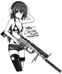 Rule 34 | 1girl, anti-materiel rifle, bad id, bad pixiv id, bare shoulders, bikini, bikini top only, bipod, bolt action, breasts, blowing bubbles, character name, cheytac m200, cleavage, collarbone, earmuffs, front-tie bikini top, front-tie top, greyscale, gun, highres, holding, holding gun, holding weapon, long hair, medium breasts, monochrome, one eye closed, open fly, original, ppshex, rifle, scope, short shorts, shorts, simple background, single thighhigh, sniper rifle, solo, star (symbol), suppressor, swimsuit, thigh strap, thighhighs, trigger discipline, unzipped, weapon, white background, wink