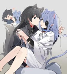 Rule 34 | 2girls, animal ears, bandaged wrist, bandages, black bandages, black eyes, black hair, black shirt, blue hair, cat ears, cat girl, cat tail, chain, chain leash, chief (path to nowhere), collar, collared shirt, commentary request, dog ears, dog girl, dog tail, dream catcher, eye contact, eyepatch, female chief (path to nowhere), gradient background, grey background, hecate (path to nowhere), highres, holding, holding leash, kemonomimi mode, korean commentary, leash, licking, licking another&#039;s face, long hair, looking at another, multiple girls, one eye covered, open mouth, path to nowhere, sappazell, shirt, sitting, sitting on lap, sitting on person, skirt, tail, white shirt, white skirt, yuri