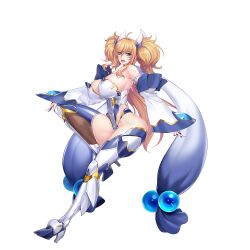 Rule 34 | 1girl, action taimanin, ahoge, aoi nagisa (metalder), bare shoulders, blonde hair, blue eyes, breasts, cleavage, curvy, fang, fingerless gloves, full body, gloves, highleg, highleg leotard, highres, huge breasts, leotard, lilith-soft, long hair, looking at viewer, official art, onizaki kirara, open mouth, revealing clothes, shiny clothes, shiny skin, simple background, skin fang, solo, taimanin (series), taimanin rpgx, thong leotard, twintails