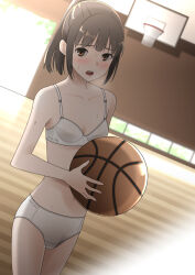 Rule 34 | 1girl, :o, ball, bare shoulders, basketball (object), basketball court, basketball hoop, blunt bangs, blush, bra, breasts, brown hair, collarbone, commentary, dutch angle, embarrassed, gym, highres, holding, holding ball, indoors, long hair, looking at viewer, midriff, nervous, open door, open mouth, original, panties, pen-racket, punishment game, raised eyebrows, sidelocks, small breasts, standing, strip game, sweat, thigh gap, underwear, white bra, white panties, window, wooden floor